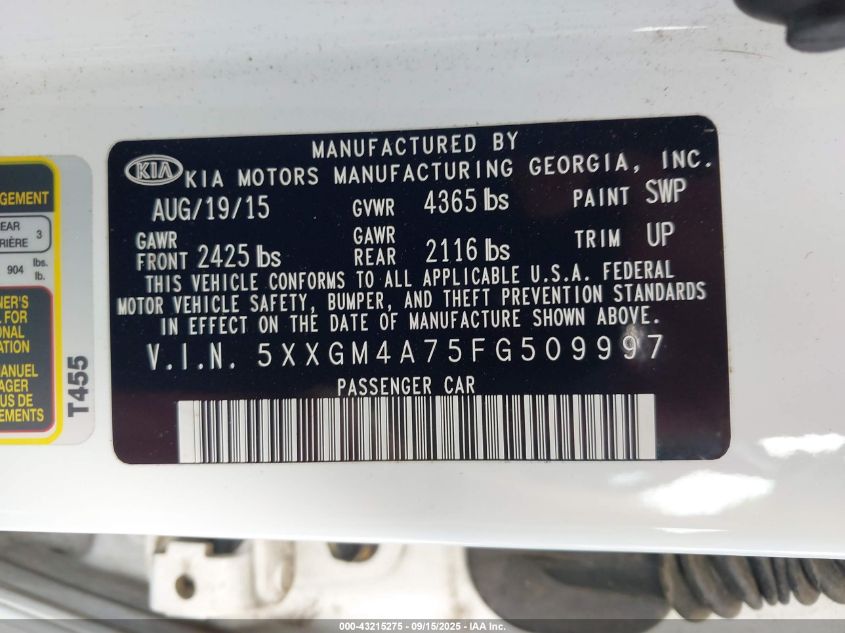 2015 Kia Optima Lx VIN: 5XXGM4A75FG509997 Lot: 43215275