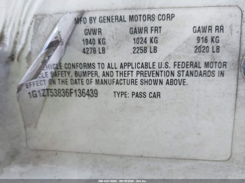 2006 Chevrolet Malibu Lt VIN: 1G1ZT53836F136439 Lot: 43215285