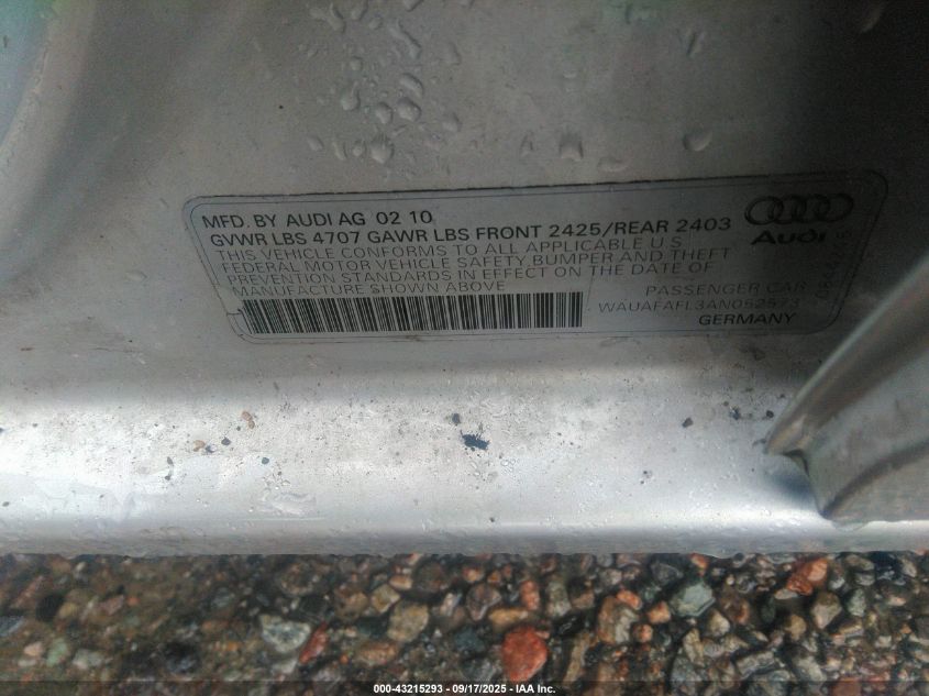 2010 Audi A4 2.0T Premium VIN: WAUAFAFL3AN052573 Lot: 43215293