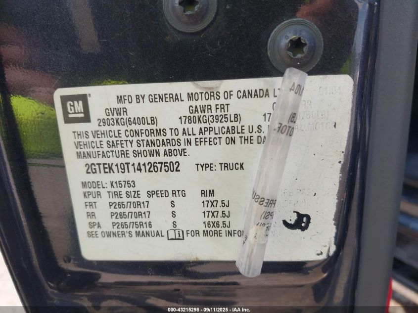 2004 GMC Sierra 1500 Slt VIN: 2GTEK19T141267502 Lot: 43215298