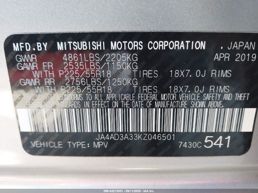 2019 Mitsubishi Outlander Se VIN: JA4AD3A33KZ046501 Lot: 43215301