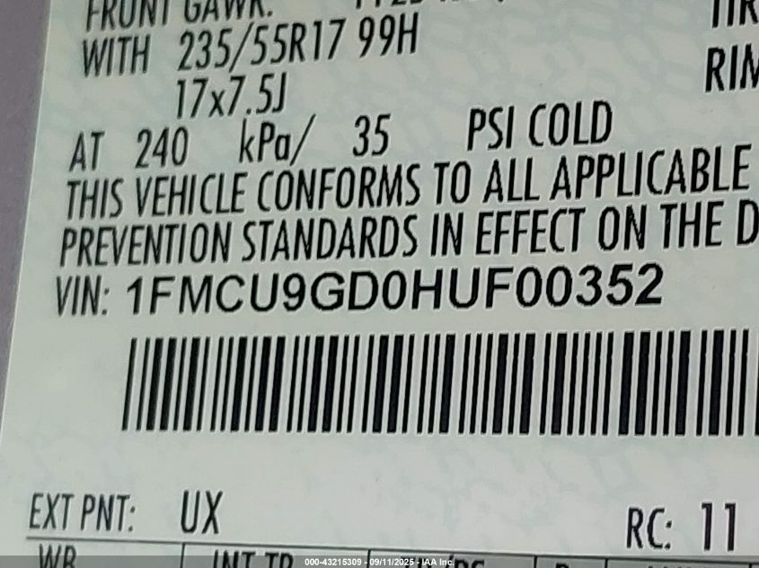 2017 Ford Escape Se VIN: 1FMCU9GD0HUF00352 Lot: 43215309