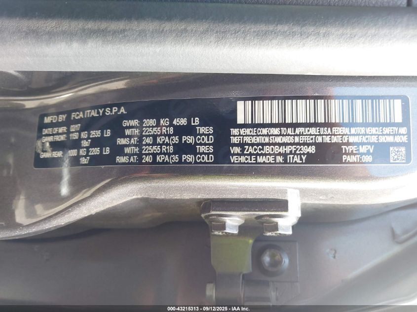 2017 Jeep Renegade Limited 4X4 VIN: ZACCJBDB4HPF23948 Lot: 43215313