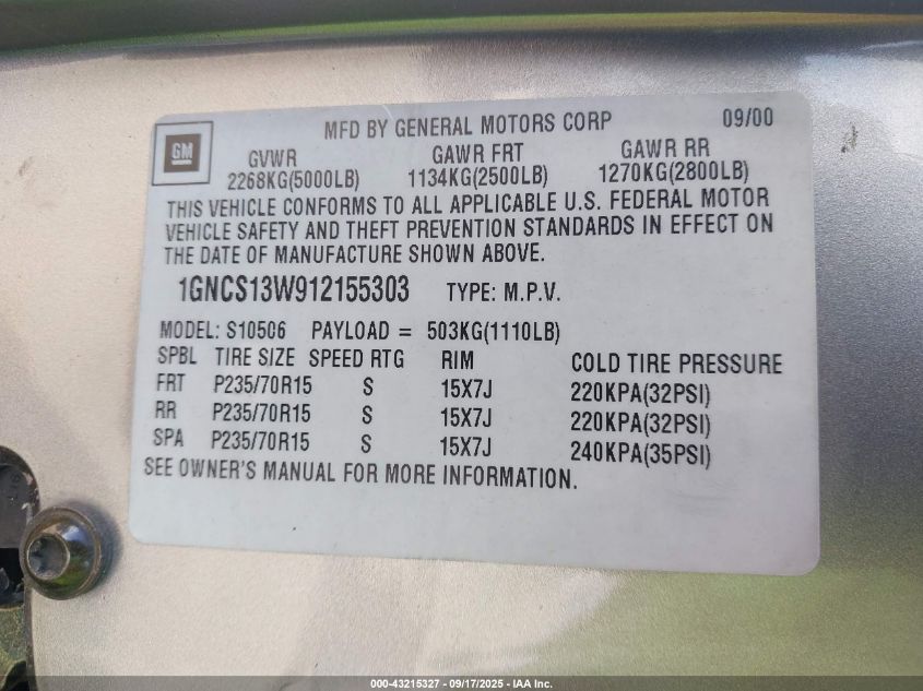 2001 Chevrolet Blazer Lt VIN: 1GNCS13W912155303 Lot: 43215327