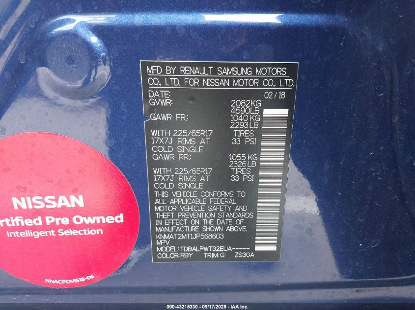 2018 Nissan Rogue S VIN: KNMAT2MT1JP568603 Lot: 43215330