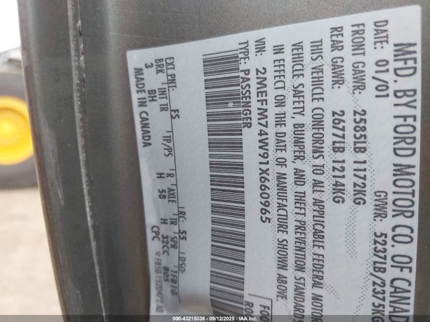 2001 Mercury Grand Marquis Gs VIN: 2MEFM74W91X660965 Lot: 43215336