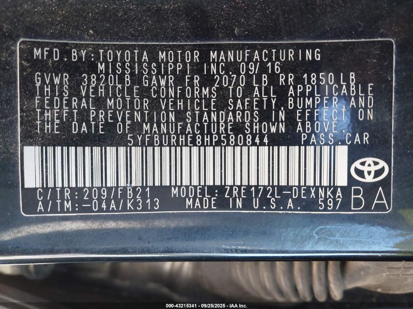 2017 Toyota Corolla Le VIN: 5YFBURHE8HP580844 Lot: 43215341