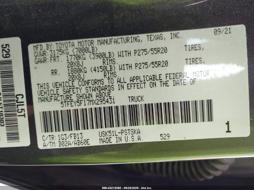 2021 Toyota Tundra Sr5 VIN: 5TFEY5F17MX295431 Lot: 43215366