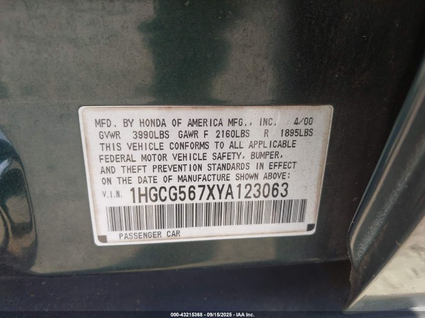 2000 Honda Accord 2.3 Se VIN: 1HGCG567XYA123063 Lot: 43215368