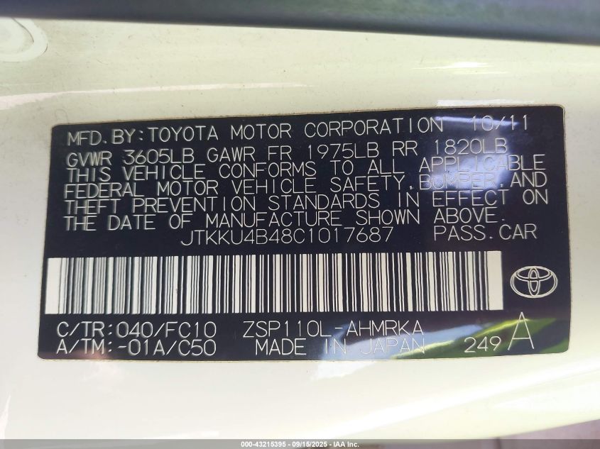 2012 Scion Xd VIN: JTKKU4B48C1017687 Lot: 43215395