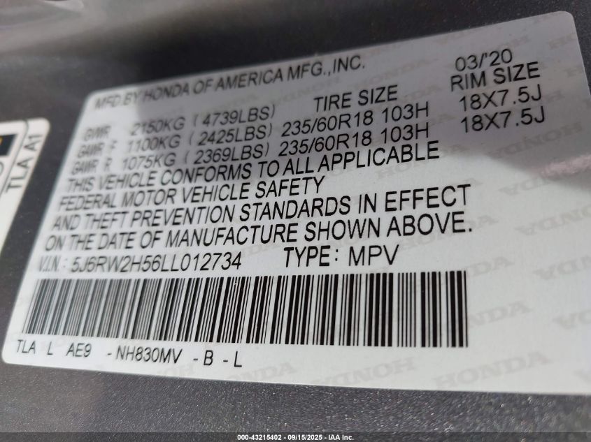 2020 Honda Cr-V Awd Ex VIN: 5J6RW2H56LL012734 Lot: 43215402