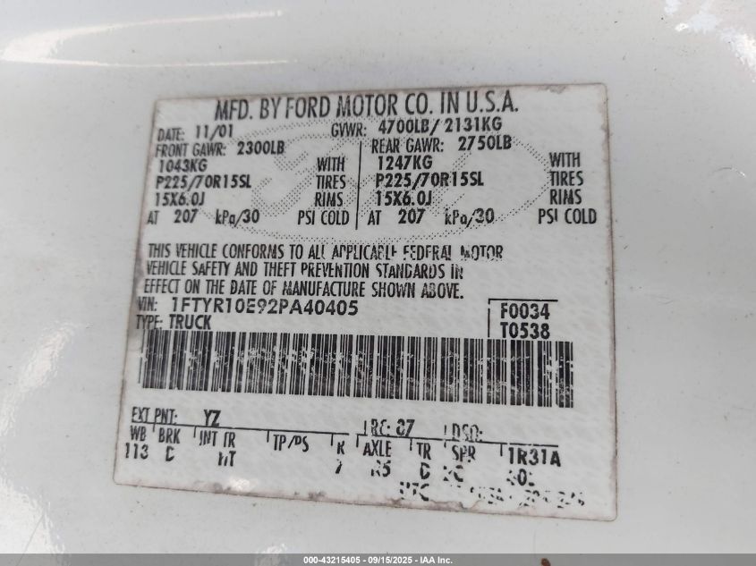 2002 Ford Ranger Unique Fleet VIN: 1FTYR10E92PA40405 Lot: 43215405