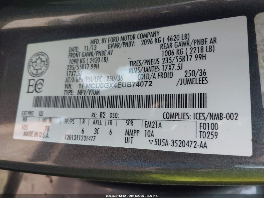 2014 Ford Escape Se VIN: 1FMCU0GX4EUB74072 Lot: 43215412