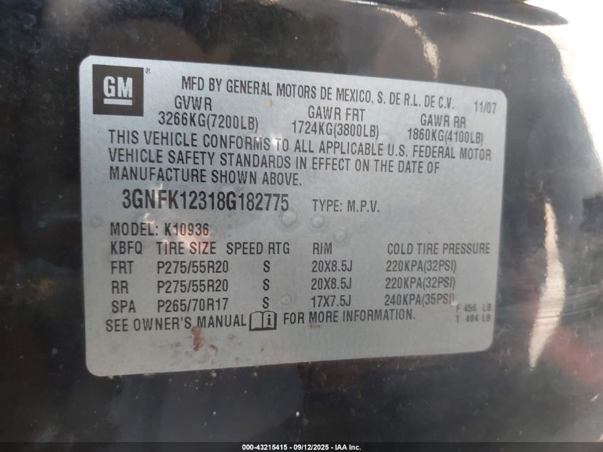 2008 Chevrolet Avalanche 1500 Ltz VIN: 3GNFK12318G182775 Lot: 43215415