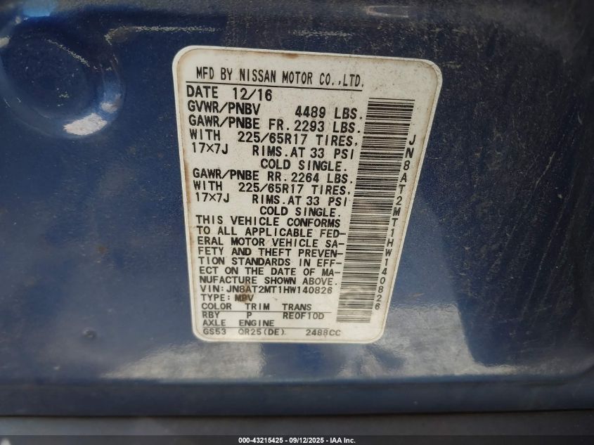 2017 Nissan Rogue S VIN: JN8AT2MT1HW140826 Lot: 43215425