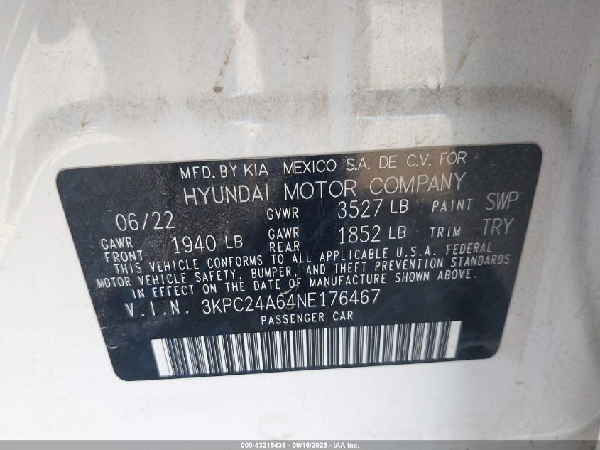 2022 Hyundai Accent Se VIN: 3KPC24A64NE176467 Lot: 43215436