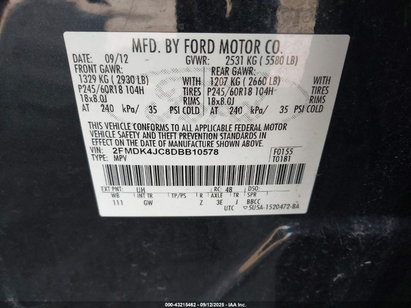 2013 Ford Edge Sel VIN: 2FMDK4JC8DBB10578 Lot: 43215462