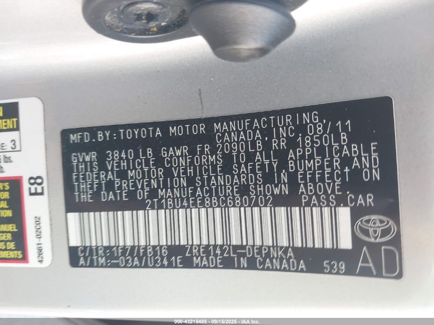 2011 Toyota Corolla Le VIN: 2T1BU4EE8BC680702 Lot: 43215485