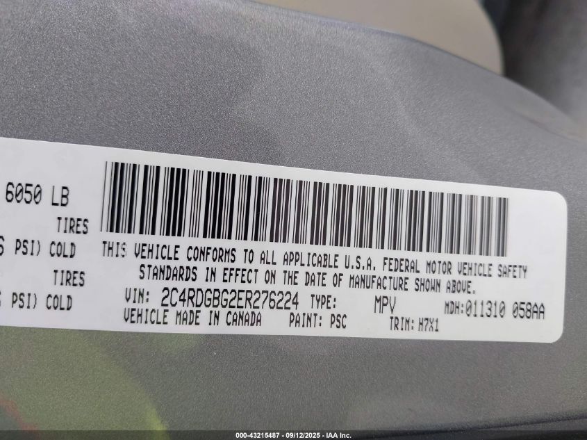 2014 Dodge Grand Caravan American Value Pkg VIN: 2C4RDGBG2ER276224 Lot: 43215487