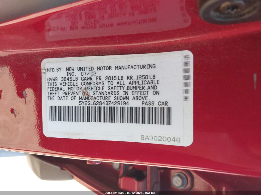 2003 Pontiac Vibe VIN: 5Y2SL62843Z429194 Lot: 43215500