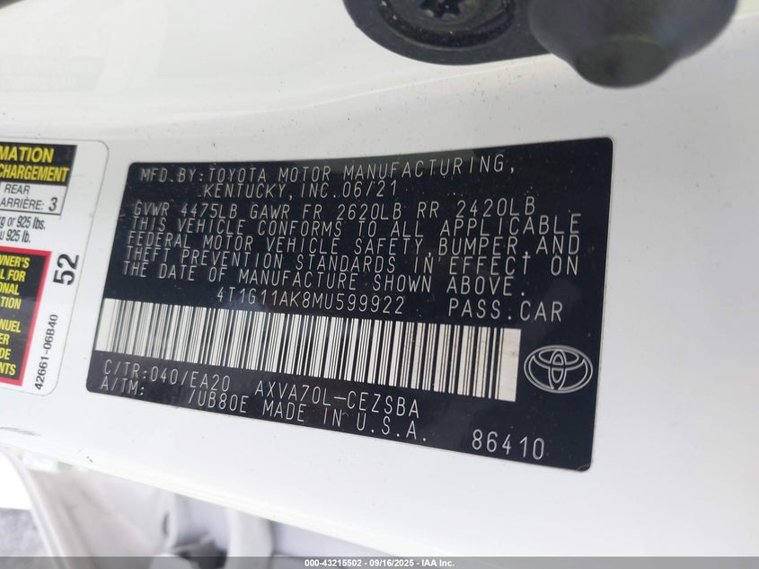 2021 TOYOTA CAMRY SE - 4T1G11AK8MU599922