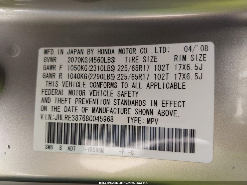 2008 Honda Cr-V Ex-L VIN: JHLRE38768C045968 Lot: 43215506