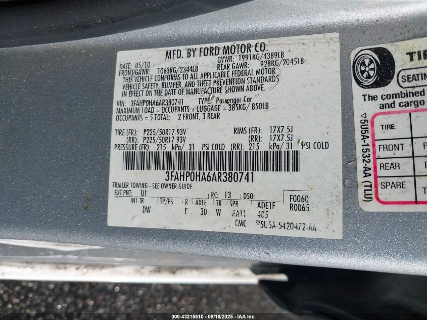 2010 Ford Fusion Se VIN: 3FAHP0HA6AR380741 Lot: 43215510