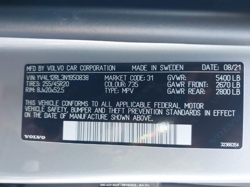 2022 Volvo Xc60 B5 Inscription VIN: YV4L12RL3N1950838 Lot: 43215529