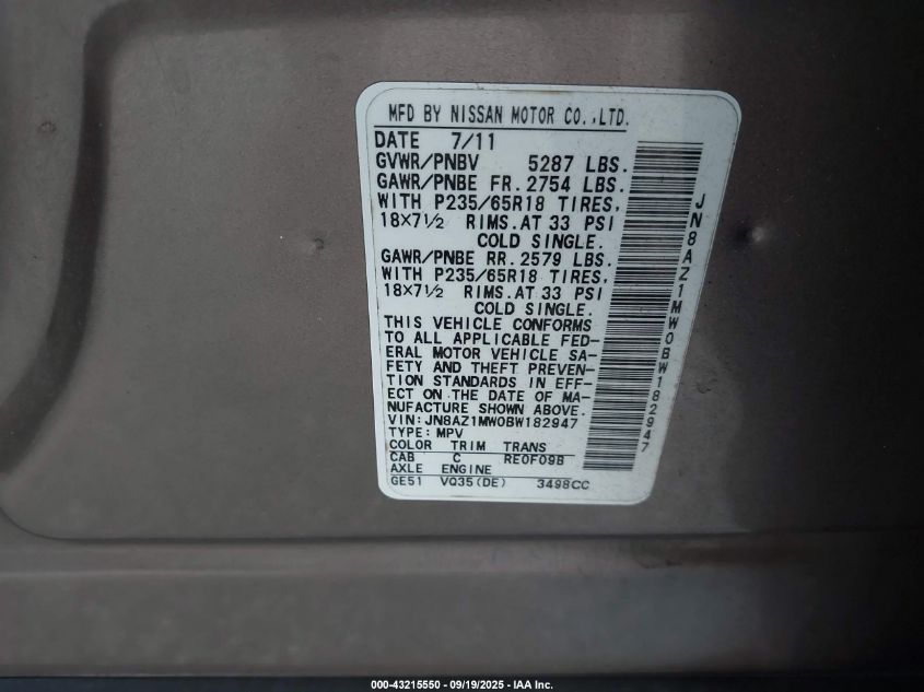 2011 Nissan Murano Sl VIN: JN8AZ1MW0BW182947 Lot: 43215550