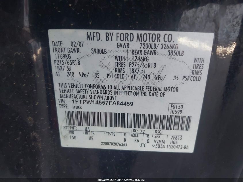 2007 Ford F-150 Fx4/Lariat/Xlt VIN: 1FTPW14557FA84459 Lot: 43215557