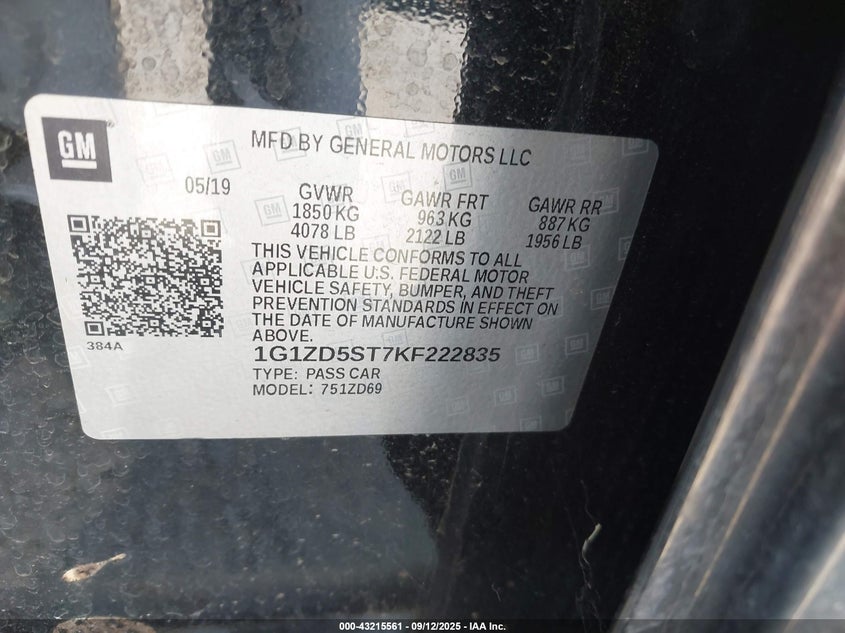 2019 Chevrolet Malibu Lt VIN: 1G1ZD5ST7KF222835 Lot: 43215561