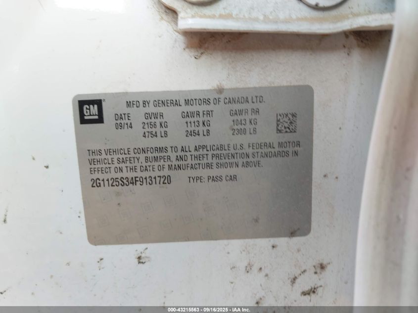 2015 Chevrolet Impala 2Lt VIN: 2G1125S34F9131720 Lot: 43215563