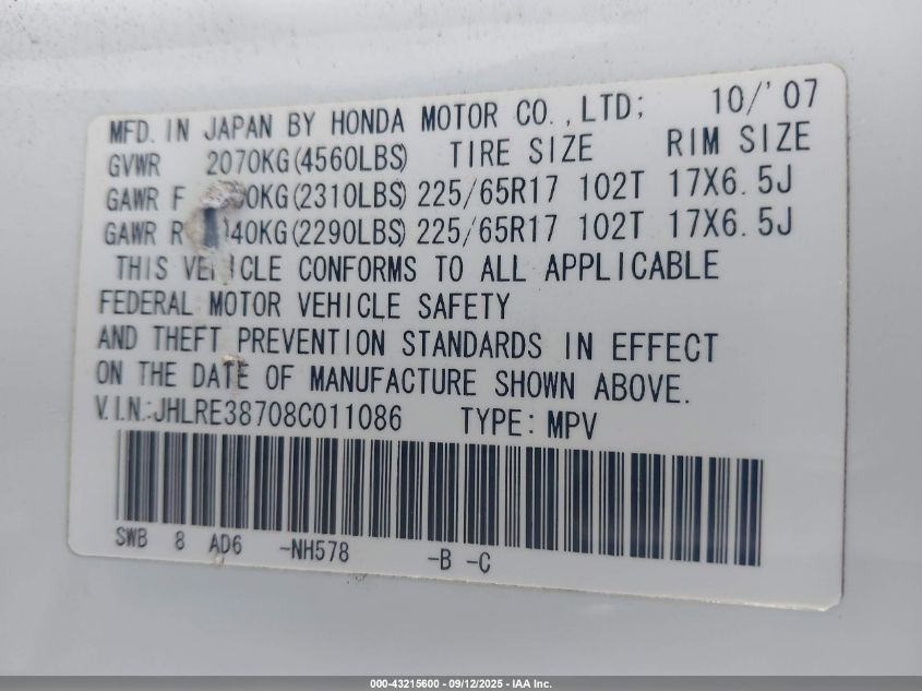 2008 Honda Cr-V Ex-L VIN: JHLRE38708C011086 Lot: 43215600