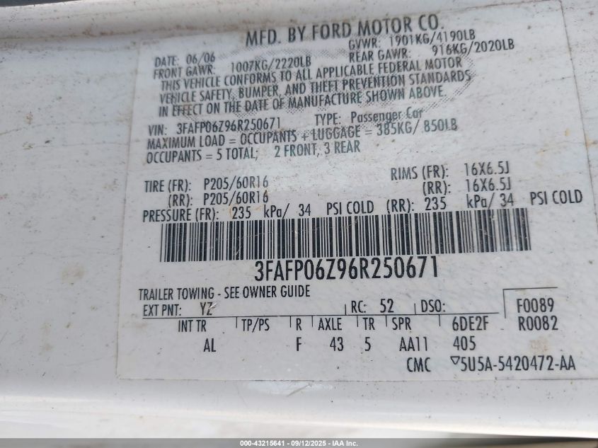 2006 Ford Fusion S VIN: 3FAFP06Z96R250671 Lot: 43215641