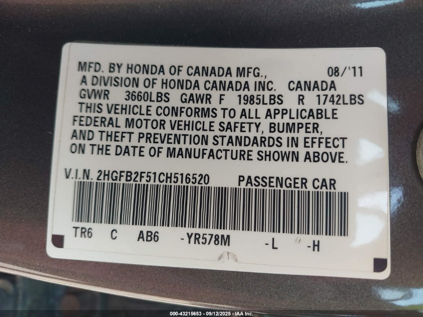 2012 Honda Civic Lx VIN: 2HGFB2F51CH516520 Lot: 43215653