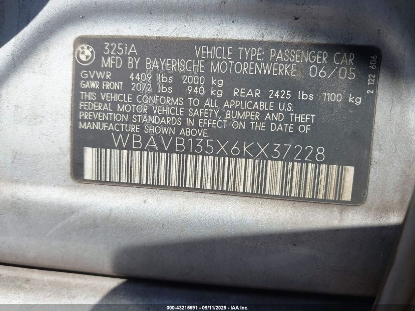 2006 BMW 325I VIN: WBAVB135X6KX37228 Lot: 43215691