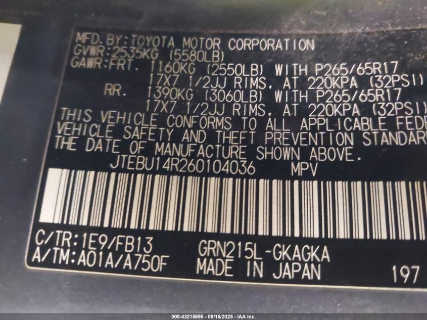 2006 Toyota 4Runner Sr5 Sport V6 VIN: JTEBU14R260104036 Lot: 43215695