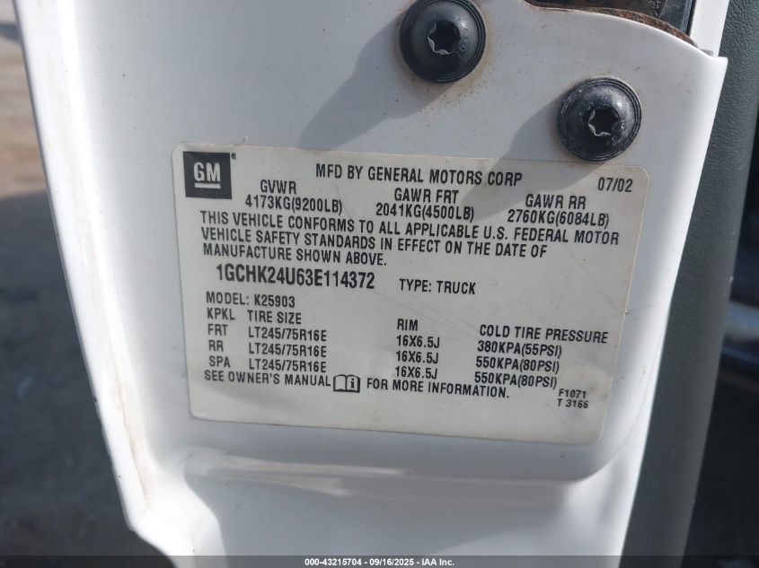 2003 Chevrolet Silverado 2500Hd Work Truck VIN: 1GCHK24U63E114372 Lot: 43215704