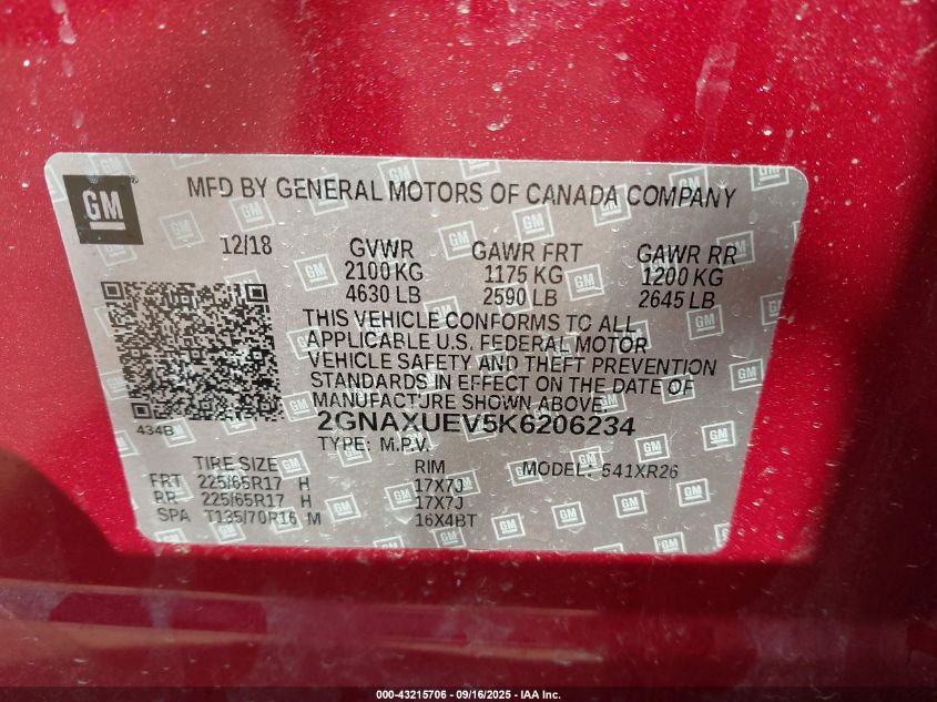 2019 Chevrolet Equinox Lt VIN: 2GNAXUEV5K6206234 Lot: 43215706