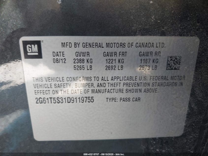 2013 Cadillac Xts Premium VIN: 2G61T5S31D9119755 Lot: 43215707