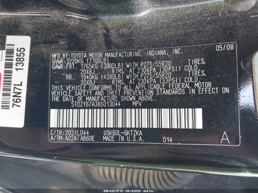 2008 Toyota Sequoia Platinum 5.7L V8 VIN: 5TDZY67A38S013044 Lot: 43215710