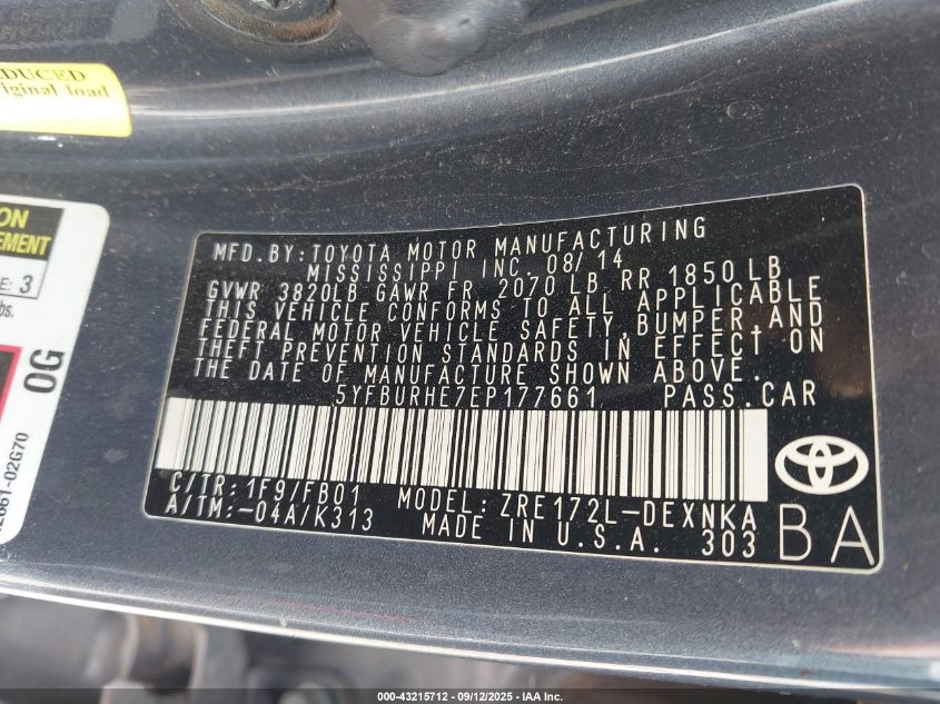 2014 Toyota Corolla Le VIN: 5YFBURHE7EP177661 Lot: 43215712