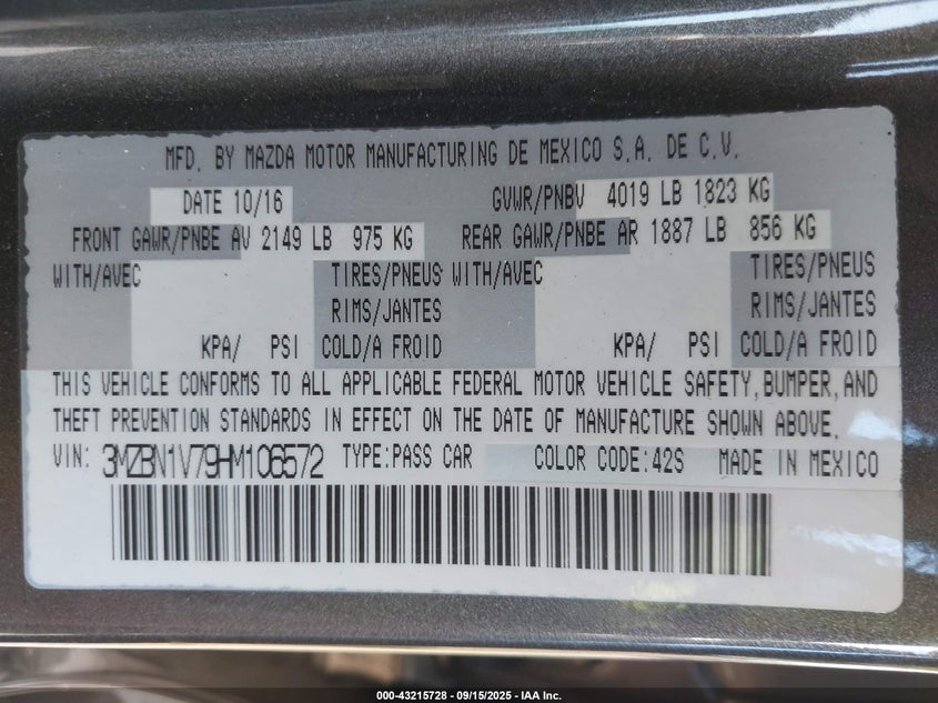 2017 MAZDA MAZDA3 TOURING - 3MZBN1V79HM106572