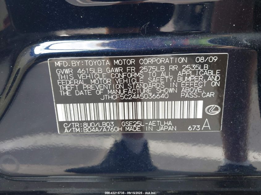 2010 Lexus Is 250 VIN: JTHCF5C24A5036640 Lot: 43215735