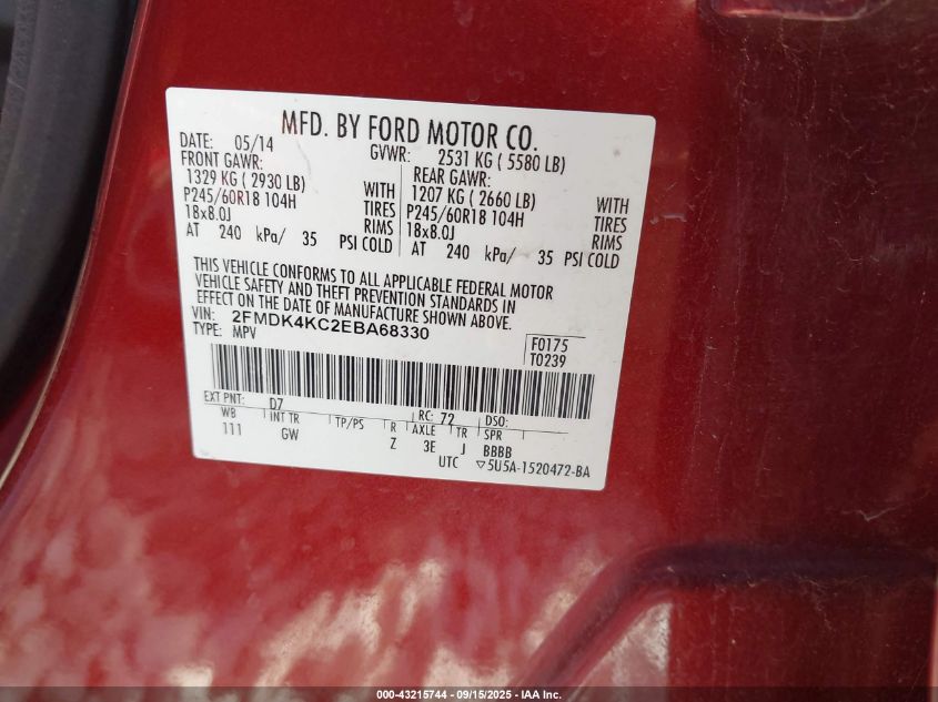 2014 Ford Edge Limited VIN: 2FMDK4KC2EBA68330 Lot: 43215744