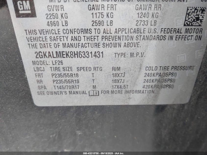 2017 GMC Terrain Sle-1 VIN: 2GKALMEK8H6331431 Lot: 43215758