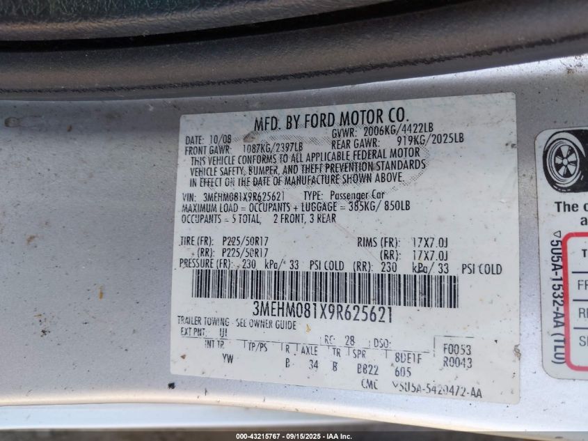2009 Mercury Milan V6 Premier VIN: 3MEHM081X9R625621 Lot: 43215767