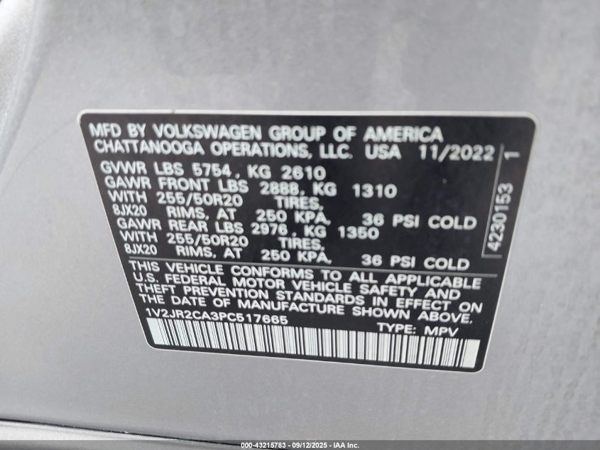 2023 Volkswagen Atlas 3.6L V6 Se W/Technology VIN: 1V2JR2CA3PC517665 Lot: 43215783