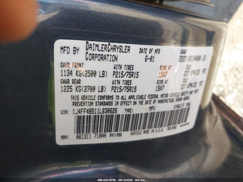 2001 Jeep Cherokee Sport VIN: 1J4FF48S11L630626 Lot: 43215790