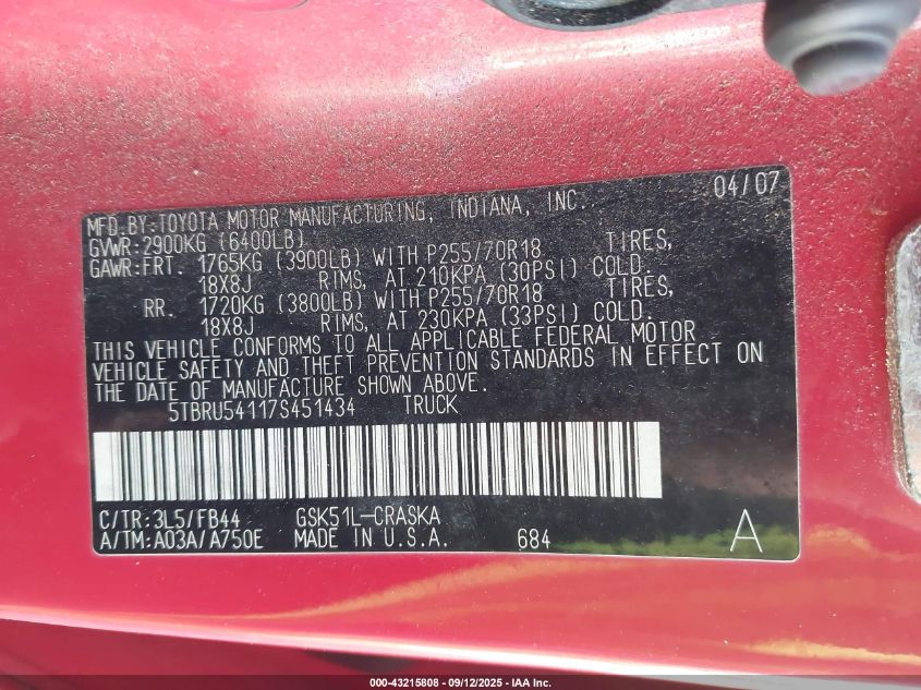 2007 Toyota Tundra Sr5 V6 VIN: 5TBRU54117S451434 Lot: 43215808